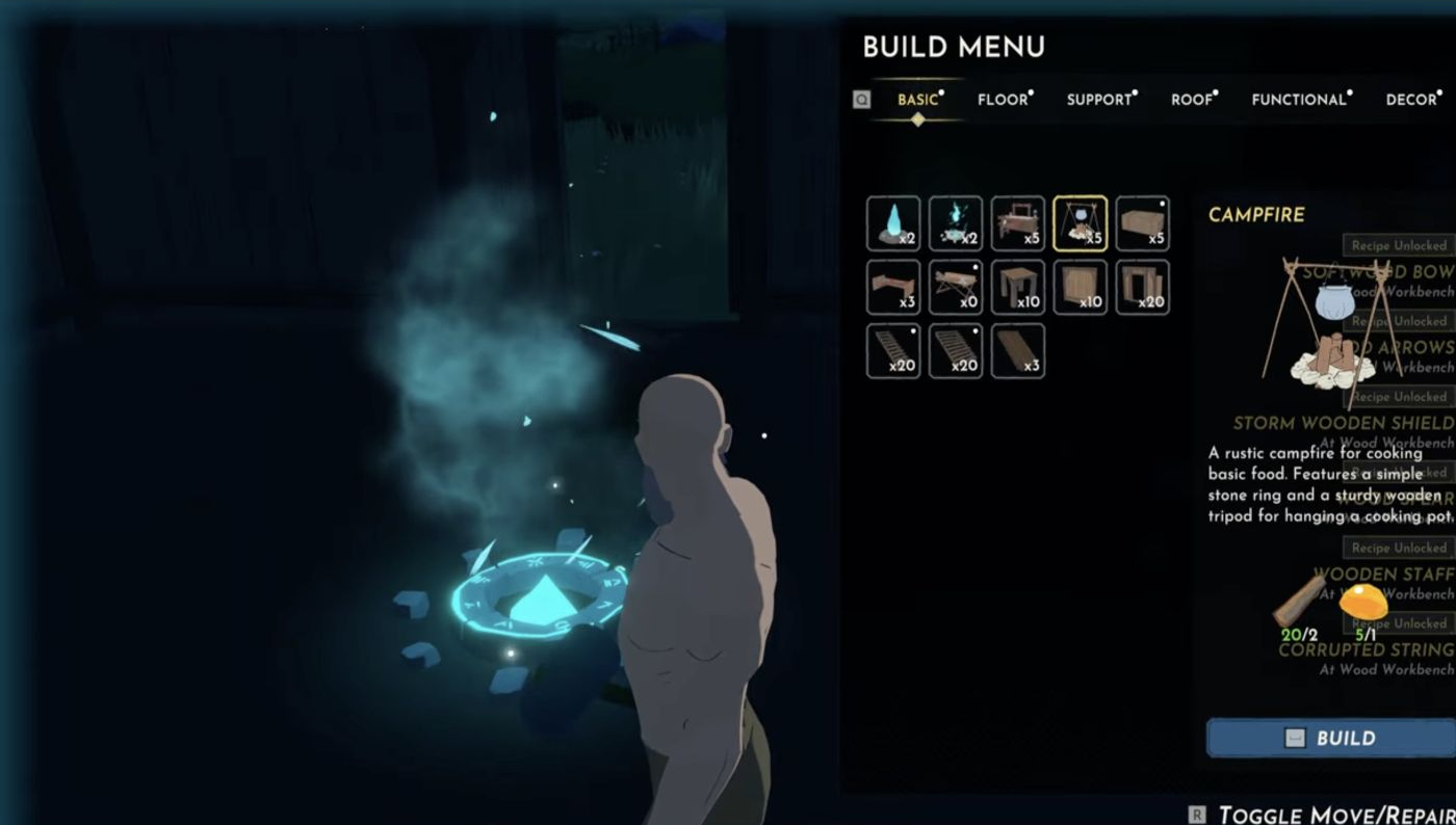 Campfire selected in the BASIC build menu with material requirements of two and one.