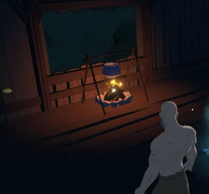 A lit campfire and hanging pot beside the character after placement.